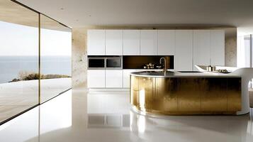 ai genererad skön modern minimalistisk kök i vit och guld toner foto