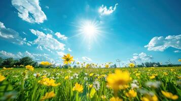 ai genererad en skön fält med blomning rapsfrö på solig dag. där är rapsfrö blommor Nedan och grön gräs på topp av de Sol foto