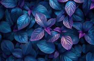 ai genererad en blå och lila blad tapet foto