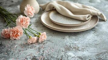 ai genererad en tabell miljö med en tallrik och servett placerad Nästa till rosa nejlika blommor på en betong tabell foto