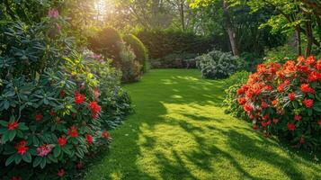 ai genererad skön ljus bakgrund av en sommar trädgård med en blommande röd rhododendron buske foto