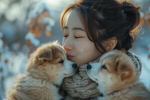 ai genererad tillgivenhet, värme, och outtalad förståelse. en glad koreanska kvinna aktier en kyss med henne två renrasig valpar foto