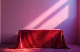 ai genererad röd bordsduk och bordsskiva i en rum med ljus lila bakgrund foto