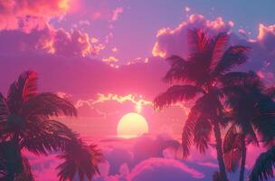 ai genererad tropisk solnedgång med handflatan träd och en moln foto