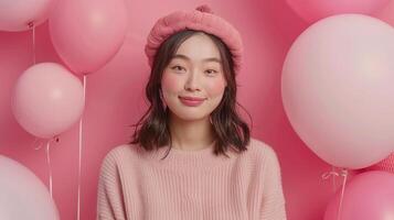 ai genererad glad asiatisk kvinna med rosa ballonger foto