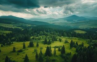 ai genererad skog grön antenn antal fot skott bara innan storm moln komma över berg i de sommar tid foto