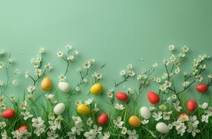 ai genererad de ljust färgad ägg, påsk gräs, hackning beställa och vit blommor är placerad på en grön bakgrund foto