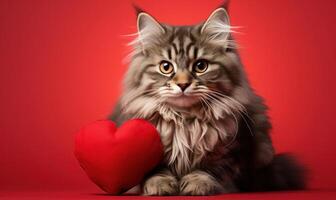 ai genererad en katt är innehav en röd hjärta mot en röd bakgrund foto