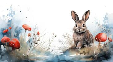 ai genererad en Lycklig påsk hälsning kort med en kanin i gräs foto