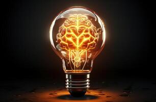 ai genererad en ljus Glödlampa med en symbol runt om den den där utseende tycka om en hjärna. foto