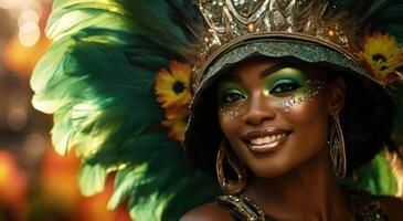 ai genererad afrikansk kvinna klädd i färgrik karneval kostym och hattar foto