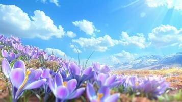 ai genererad höstlig scen med härlig lila krokus blommor mot en blå himmel bakgrund foto