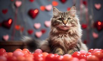 ai genererad söt tabby katt med en röd hjärta och valentines foto