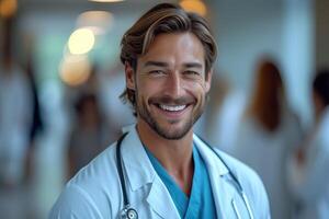ai genererad leende läkare är Lycklig på de sjukhus. generativ ai foto