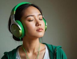 ai genererad en ung kvinna lyssnar till musik med henne ögon foto