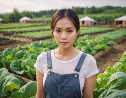 ai genererad porträtt av en ung kvinna med en skörda av grönsaker i de trädgård. ai generation foto