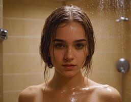 ai genererad bild av en ung kvinna med våt hår i de badrum. ai generation foto