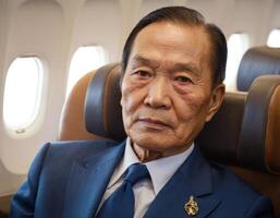 ai genererad porträtt av ett asiatisk man i en klassisk kostym på ett flygplan. foto