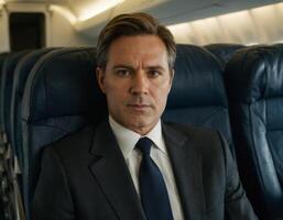 ai genererad porträtt av en företag man i ett flygplan sittplats. foto