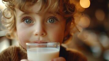 ai genererad söt liten pojke dricka mjölk från en glas i en Kafé på jul tid foto