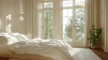 ai genererad en lugn sovrum scen badade i rena morgon- ljus strömning genom en stor fönster foto