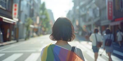 ai genererad ung japansk kvinna, tillbaka vände, Utsmyckad med ett HBTQ stolthet regnbåge flagga, mitt i de bokeh-fylld gator av en solig dag stolthet parad i de stad foto