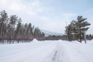 asfalt väg täckt snö med träd på sidoväg foto