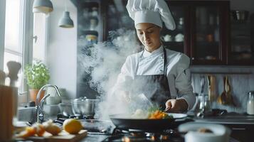 ai genererad porträtt av en kvinna kock matlagning mat i en restaurang kök, generativ ai foto