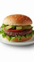 ai genererad vegetarian hamburgare, vegetarian burger bulle tillverkad från svart bönor eller linser, bakgrund bild, generativ ai foto