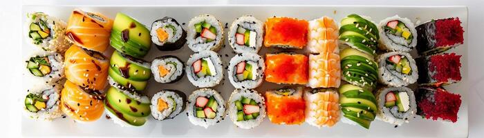 ai genererad vegetarian sushi rullar, sortiment av vegetarian sushi rullar fylld med avokado gurka morot och Övrig färsk grönsaker, bakgrund bild, generativ ai foto