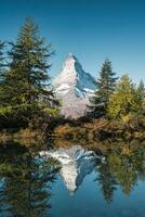 grindjisee sjö med lärkträd skog och matter berg reflexion på zermatt, schweiz foto