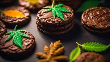 ai genererad utsökt choklad småkakor, marijuana blad foto