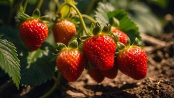 ai genererad färsk jordgubbar i de trädgård närbild foto