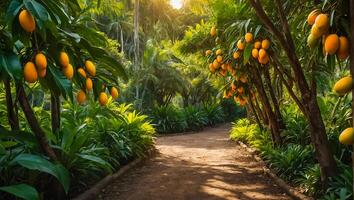 skön gränd med mango träd i de trädgård foto