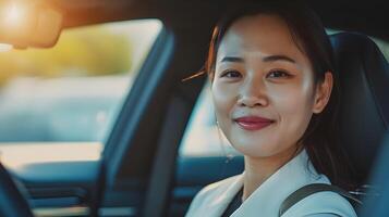 ai genererad porträtt av en Lycklig asiatisk affärskvinna körning en lyx bil, generativ ai foto