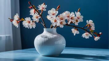 ai genererad skön vas med körsbär blommar gren, dekoration foto