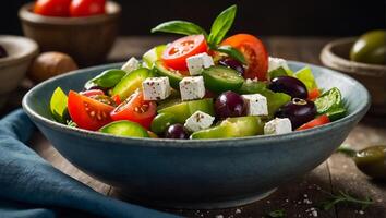 ai genererad utsökt grekisk sallad i en tallrik i de kök foto