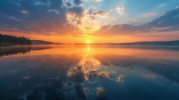 ai genererad lugn soluppgång, lugn atmosfär av en sjö på soluppgång, bakgrund bild, generativ ai foto