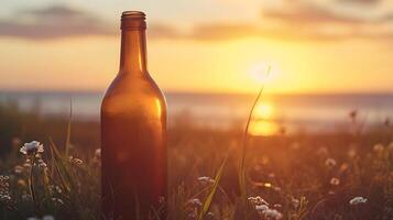 ai genererad porträtt av ett tömma flaska mot solnedgång bakgrund, bakgrund bild, generativ ai foto