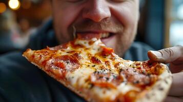ai genererad närbild av en man äter en utsökt pizza, bakgrund bild, generativ ai foto