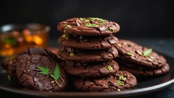 ai genererad utsökt choklad småkakor, marijuana blad foto
