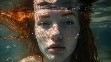 ai genererad flod under vattnet porträtt av en röd hår ung vit kvinna, generativ ai, bakgrund bild foto