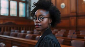 ai genererad porträtt av en svart kvinna bedöma på plikt mot domstol atmosfär bakgrund, bakgrund bild, generativ ai foto