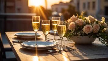 ai genererad glasögon av champagne, en bukett av blommor på en tabell i en Kafé foto