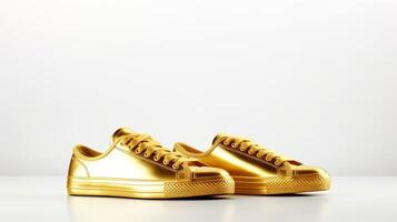 ai genererad guld gymnastikskor skor isolerat på vit bakgrund med kopia Plats för annons. generativ ai foto
