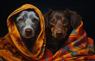 ai genererad två hundar gosa under en mysigt filt tillsammans, sällskapsdjur upptåg bild foto