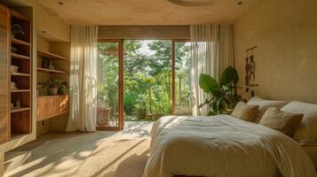 ai genererad en minimalistisk sovrum med en fantastisk se av en frodig trädgård, var de rummets design är rotad i enkelhet och harmoni med natur. foto