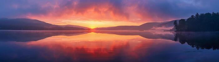 ai genererad lugn soluppgång, lugn atmosfär av en sjö på soluppgång, bakgrund bild, generativ ai foto