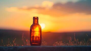 ai genererad porträtt av ett tömma flaska mot solnedgång bakgrund, bakgrund bild, generativ ai foto