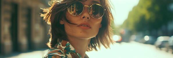 ai genererad porträtt av en kvinna modell bär sommar kläder och solglasögon, generativ ai foto